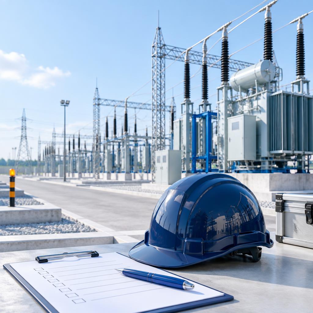 Electrical substation with a safety helmet and inspection checklist